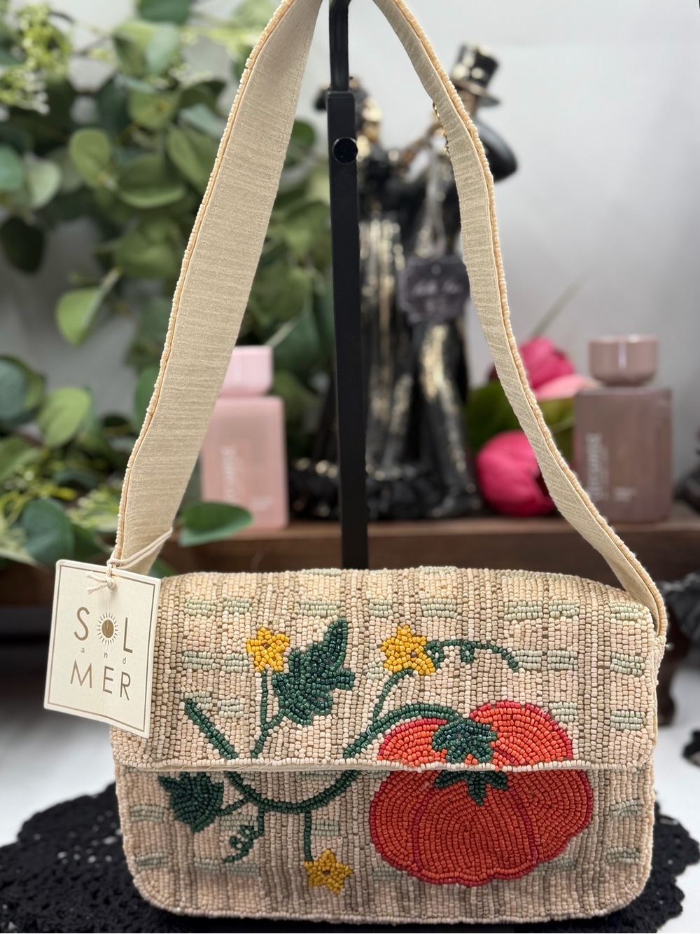 Sol and Mer Fall Pumpkin Vines Hand Beaded Shoulder Bag NWT